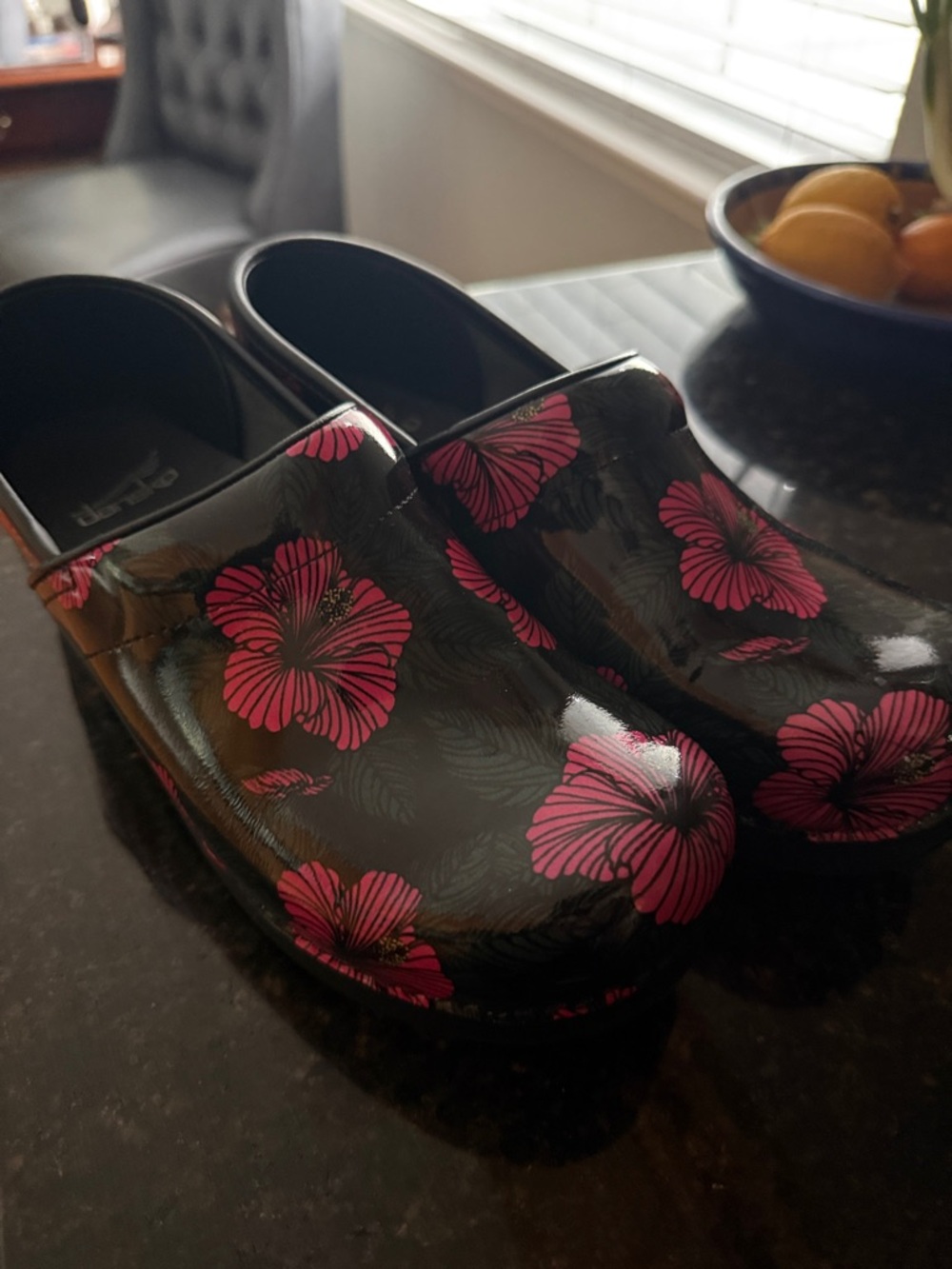 Dansko Black Patent Clogs with Pink Floral Print